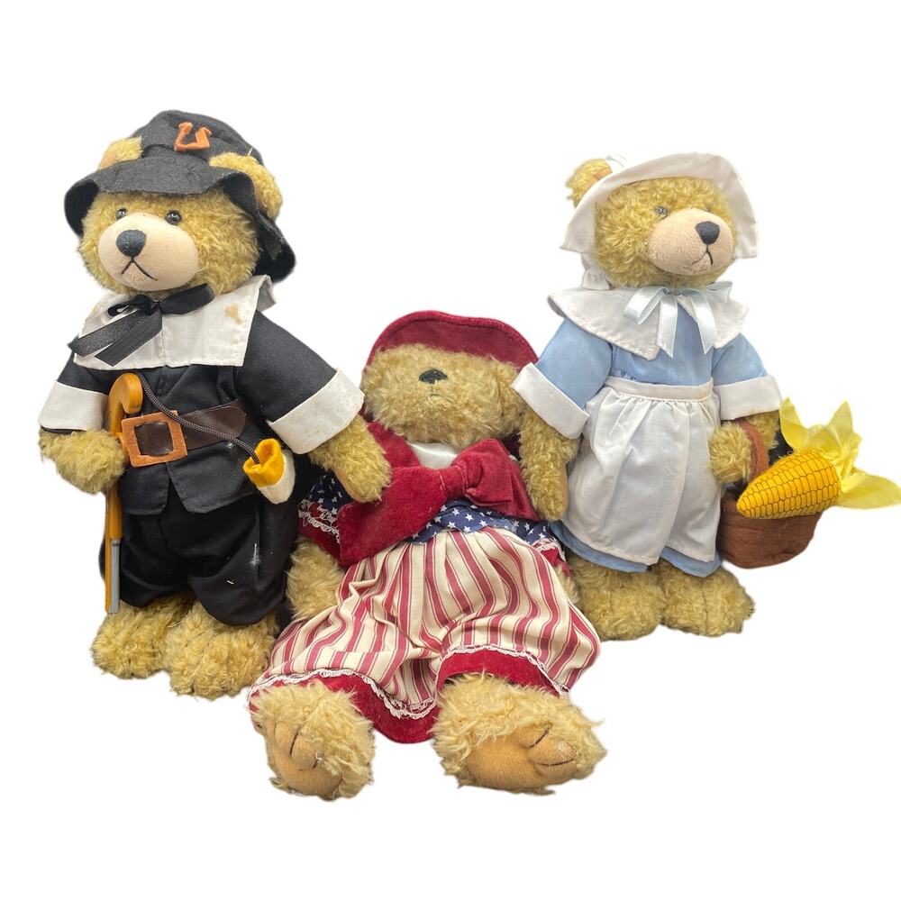 Vtg Terry's Village & Thanksgiving Prudence Lady pilgrim & patriotic Teddy Bear